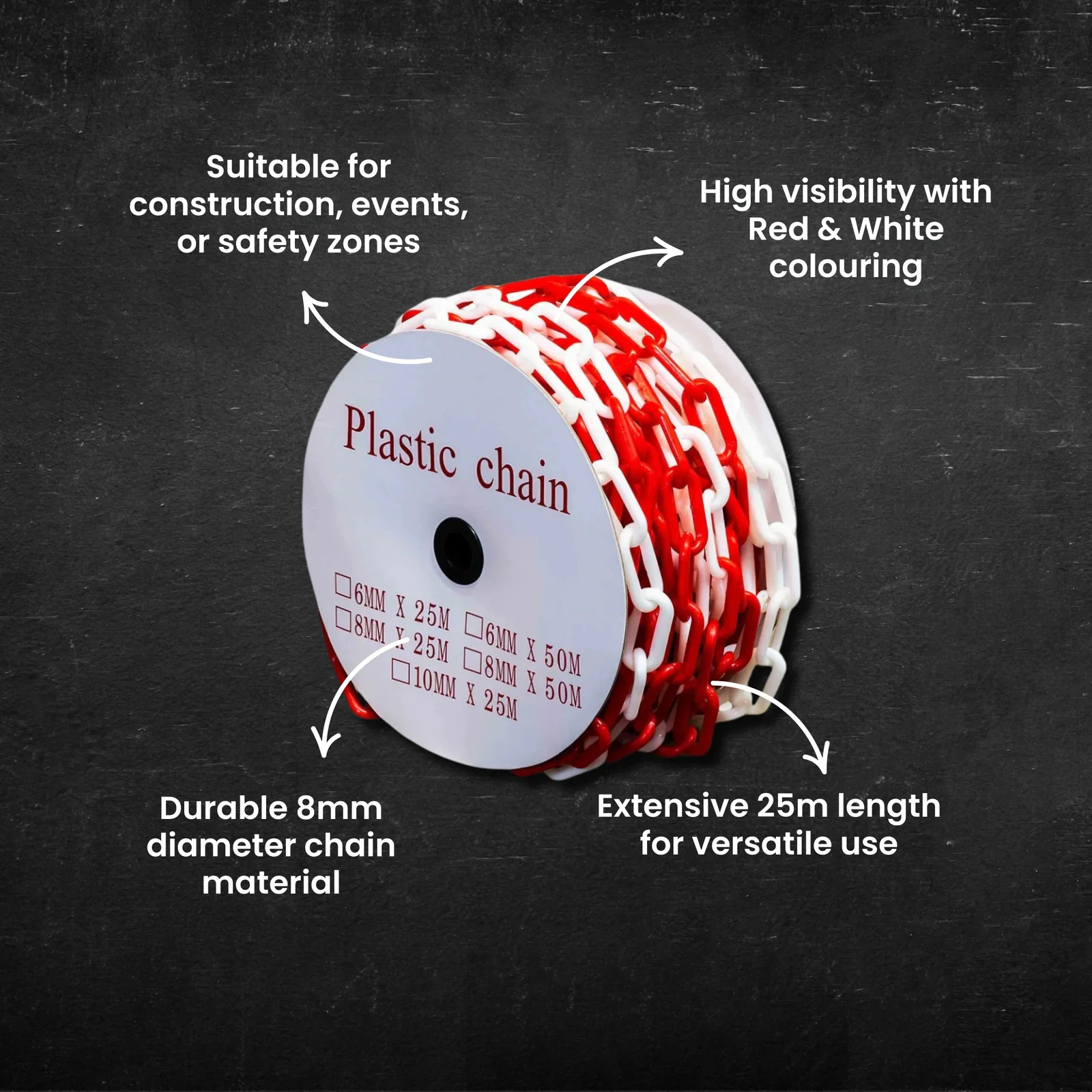 PLASTIC CHAIN RED&WHITE 6MMX25YRD