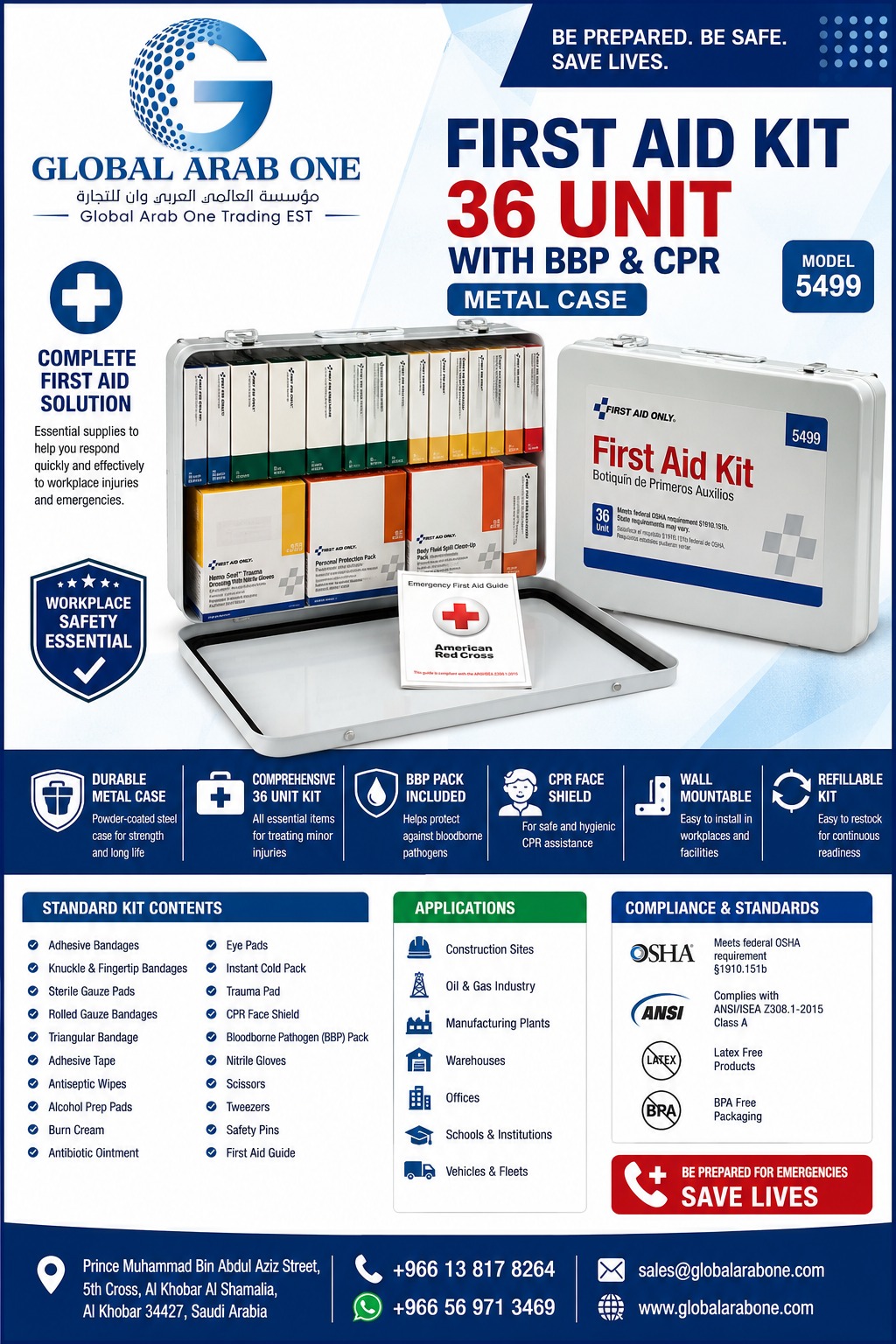 36 Unit First Aid Kit With BBP And CPR, Metal Case First Aid Only