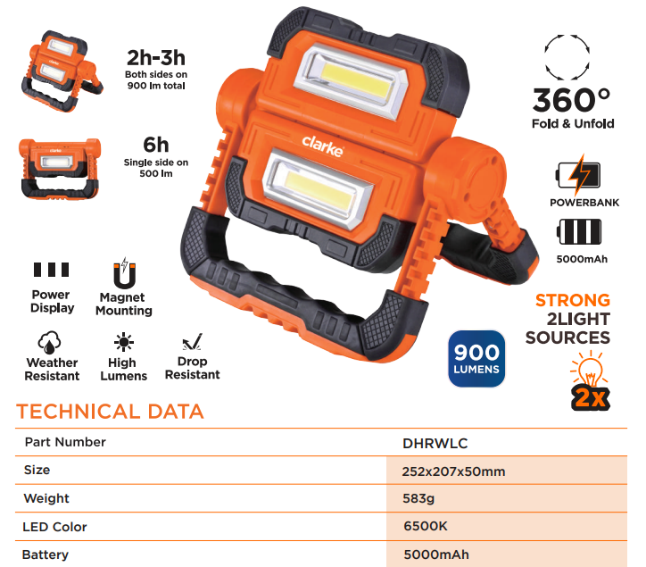 DUAL HEAD RECHARGABLE WORK LIGHT CLARKE