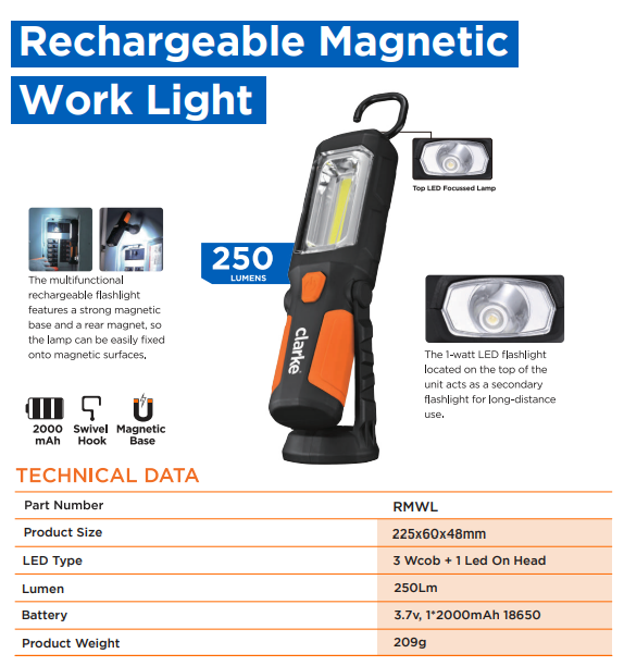 RECHARGABLE MAGNETIC WORK LIGHT CLARKE