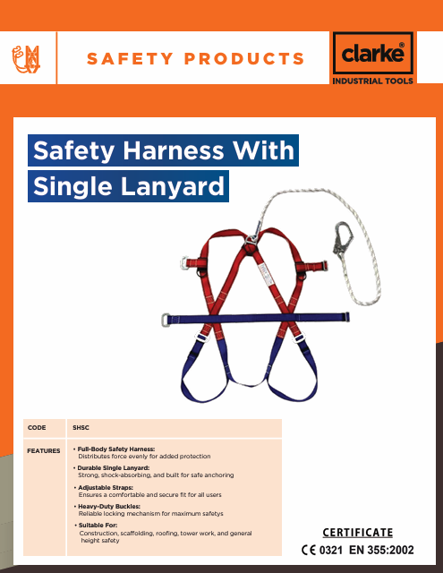 SAFETY HARNESS WITH SINGLE LANYARD & SHOCK ABSORBER CLARKE