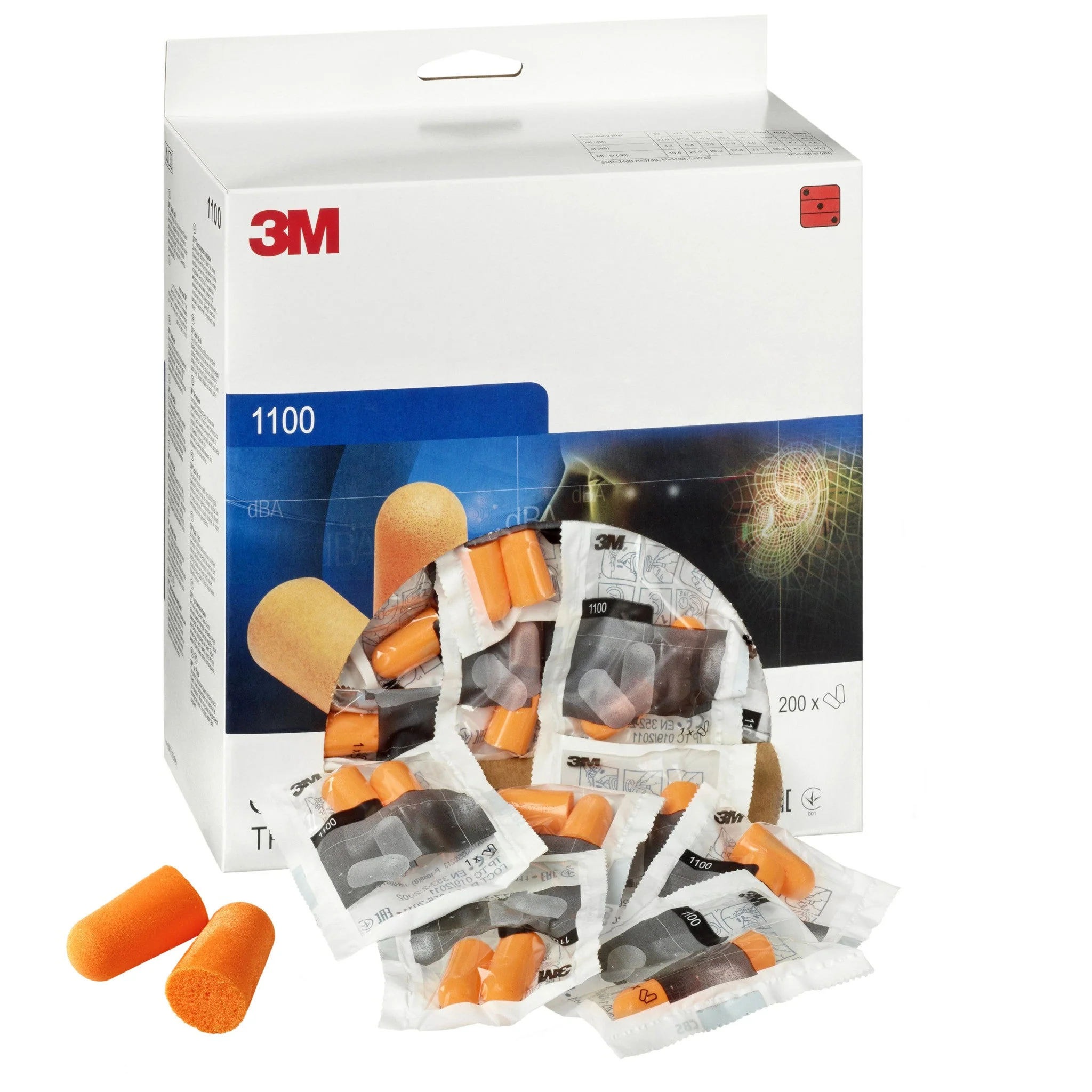 3M - Foam Earplugs 1100, Uncorded, 200 Pair/Box