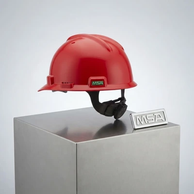 MSA V-Gard® Safety Helmet,Hard Hat Cap Style, Polyethylene, 4 Point Ratchet Red